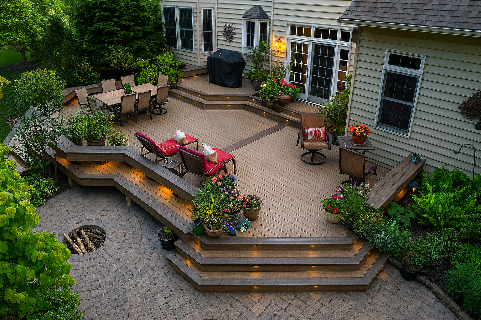 An aerial view of a large patio with stairs leading up to it.