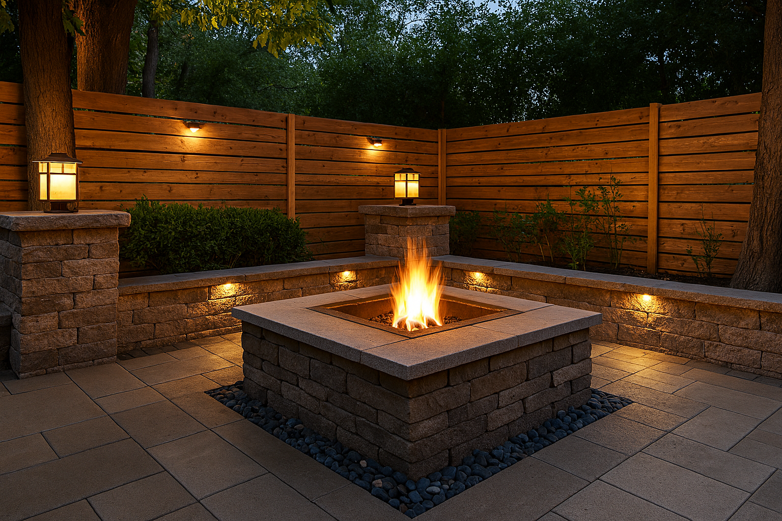 There is a fire pit in the middle of the patio.