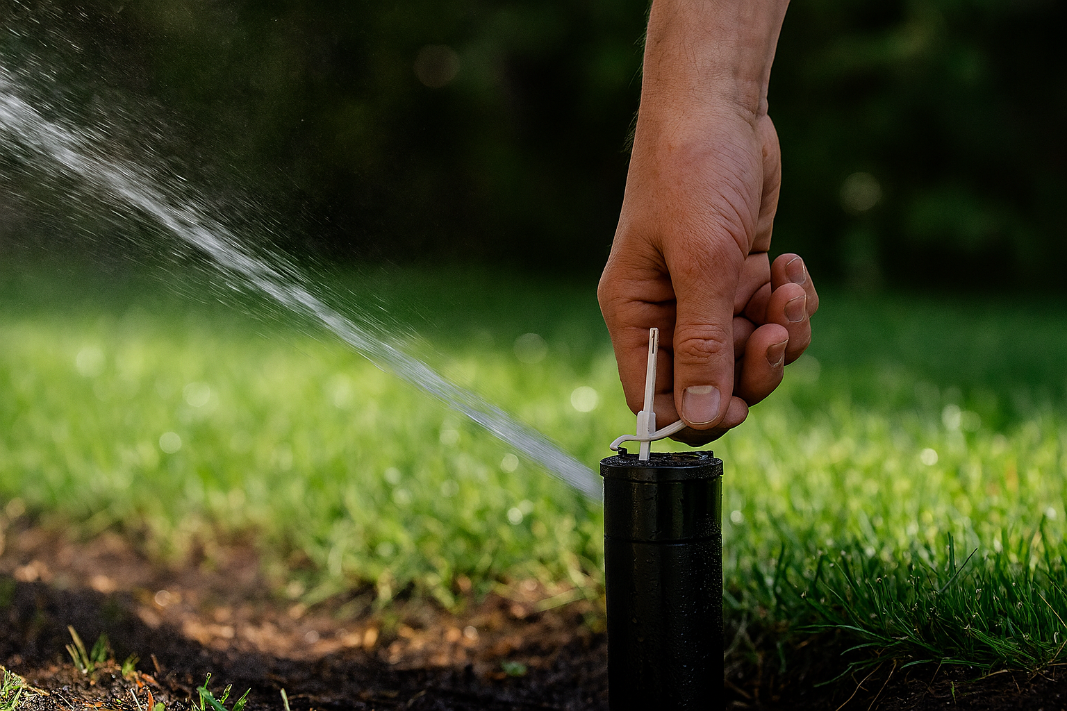A person is watering a lawn with a sprinkler.