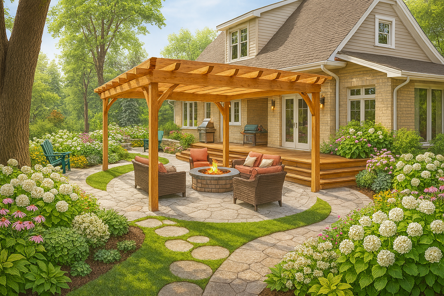 A house with a pergola and a fire pit in the backyard.