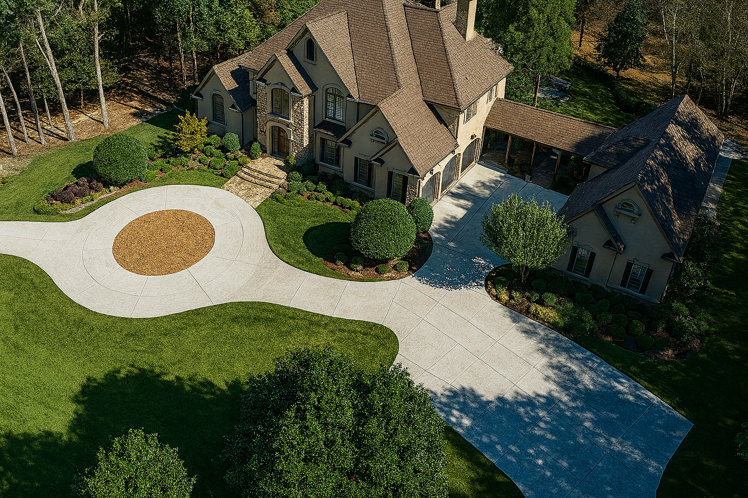 An aerial view of a large house with a driveway leading to it surrounded by trees.