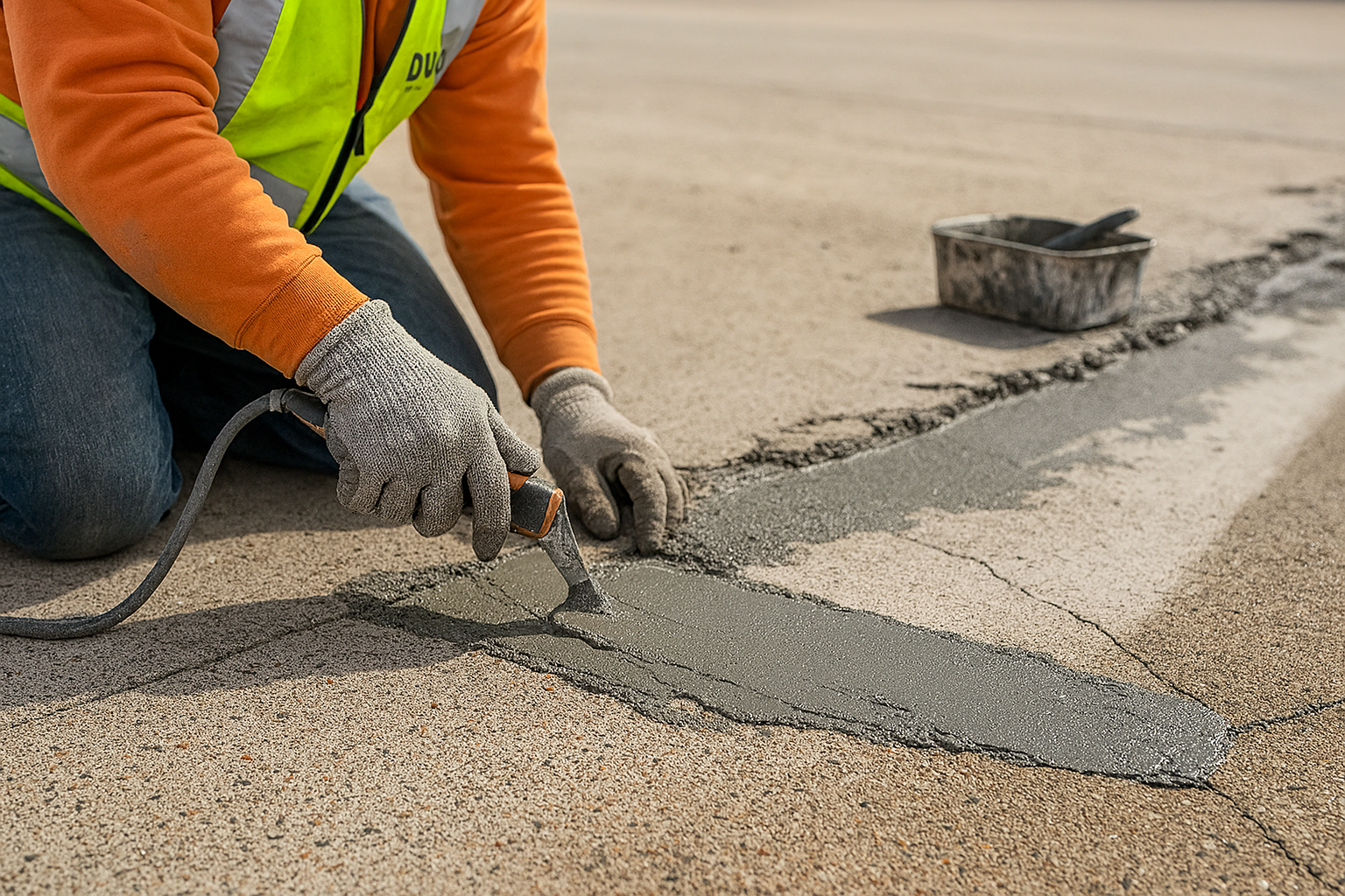 A man is kneeling down while using a trowel to spread concrete on the ground.