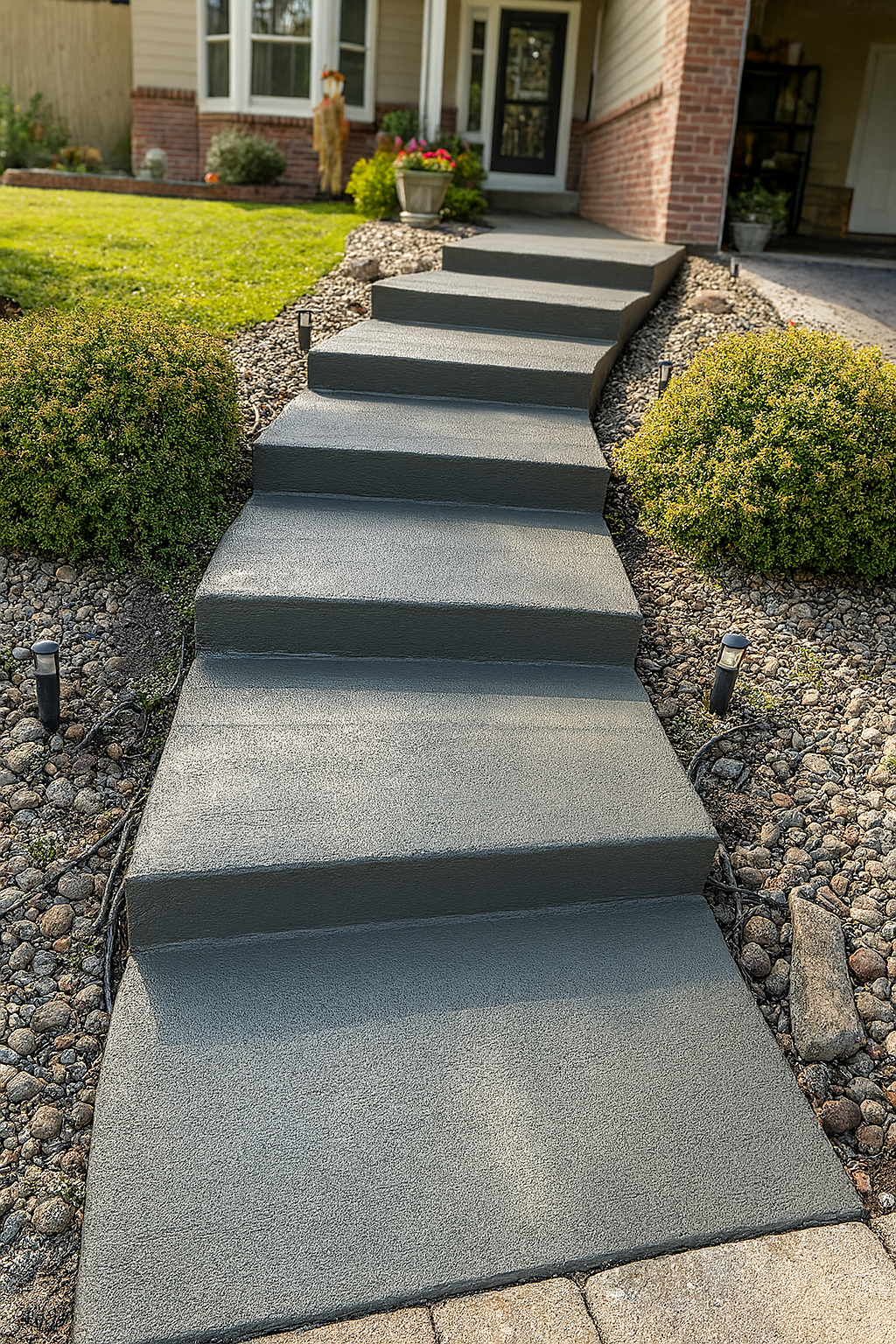 A set of concrete steps leading up to a house.
