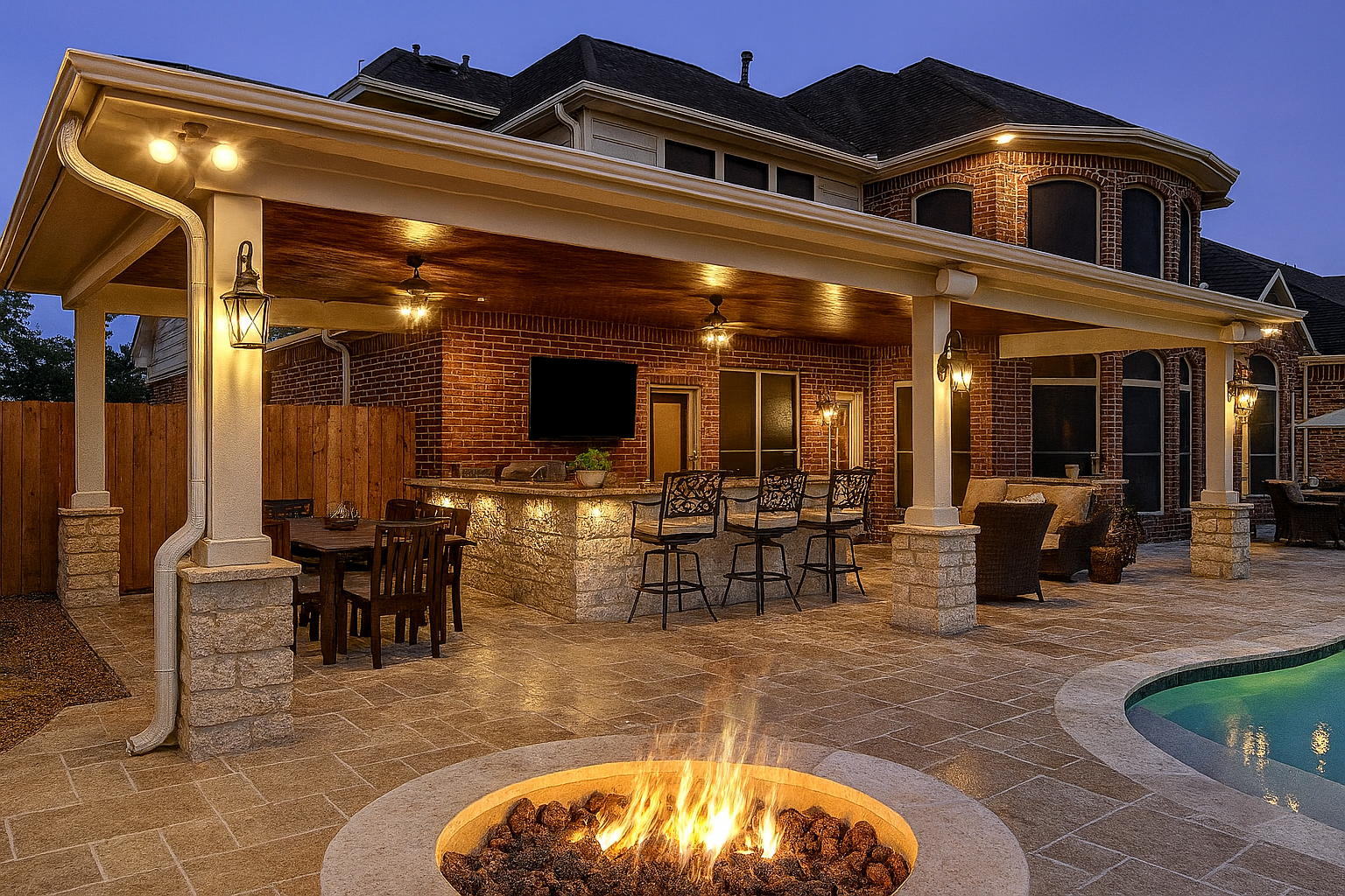 A large house with a fire pit in front of it.