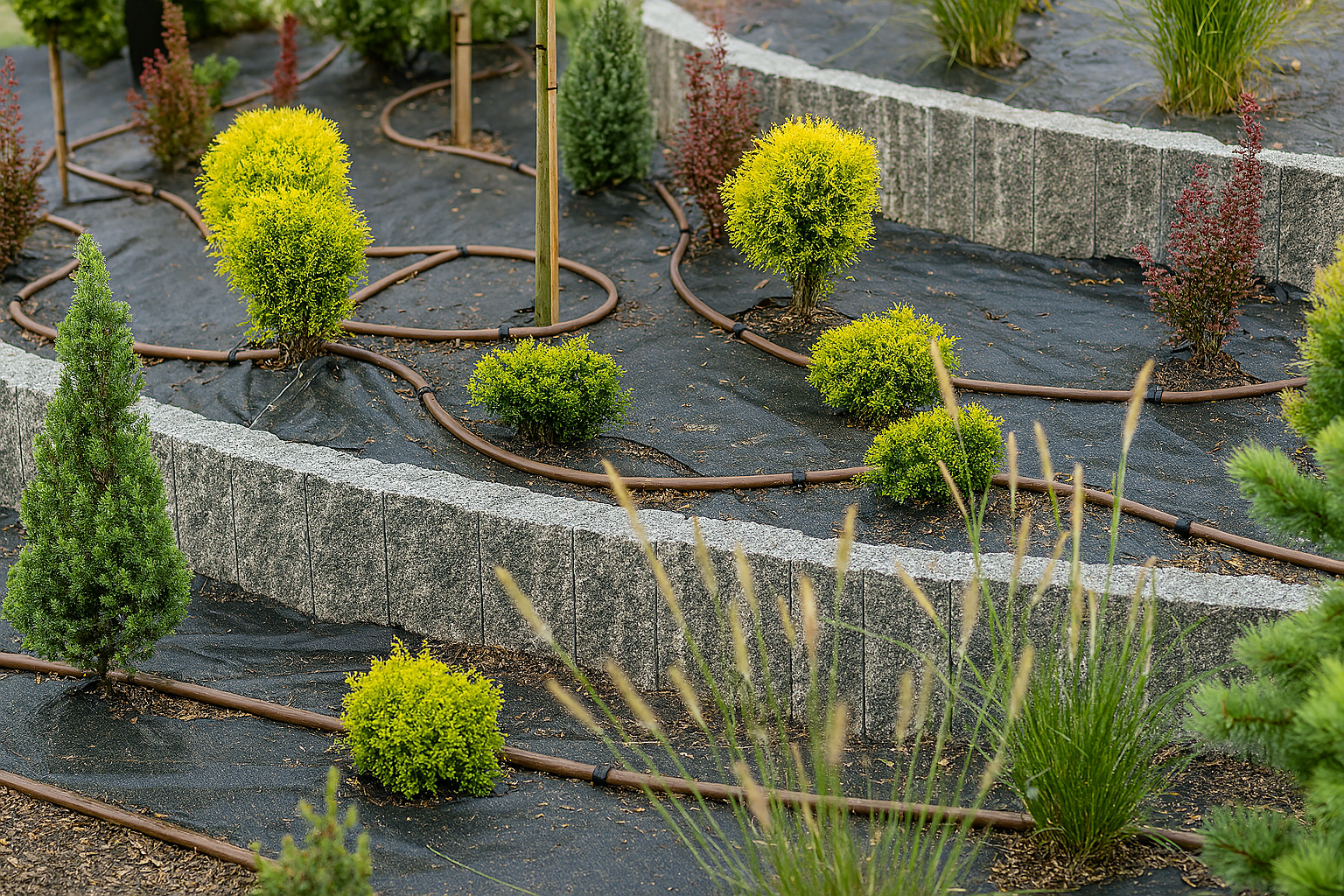 A garden with a lot of plants and trees and a hose.