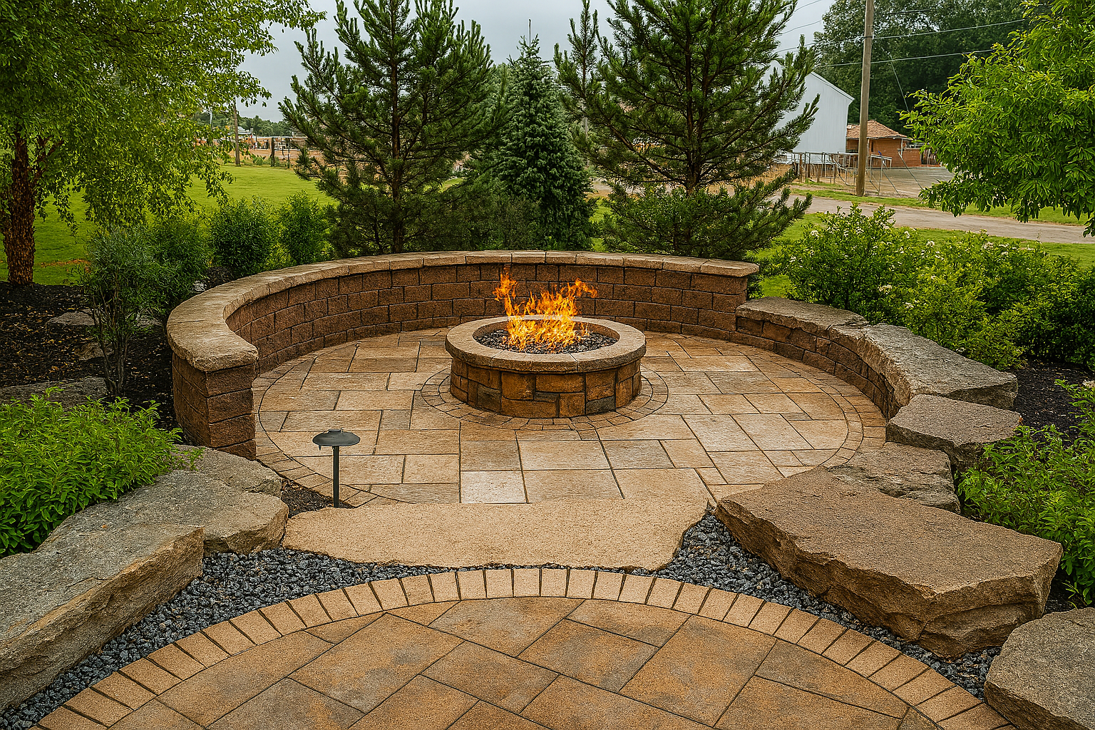 There is a fire pit in the middle of the patio.