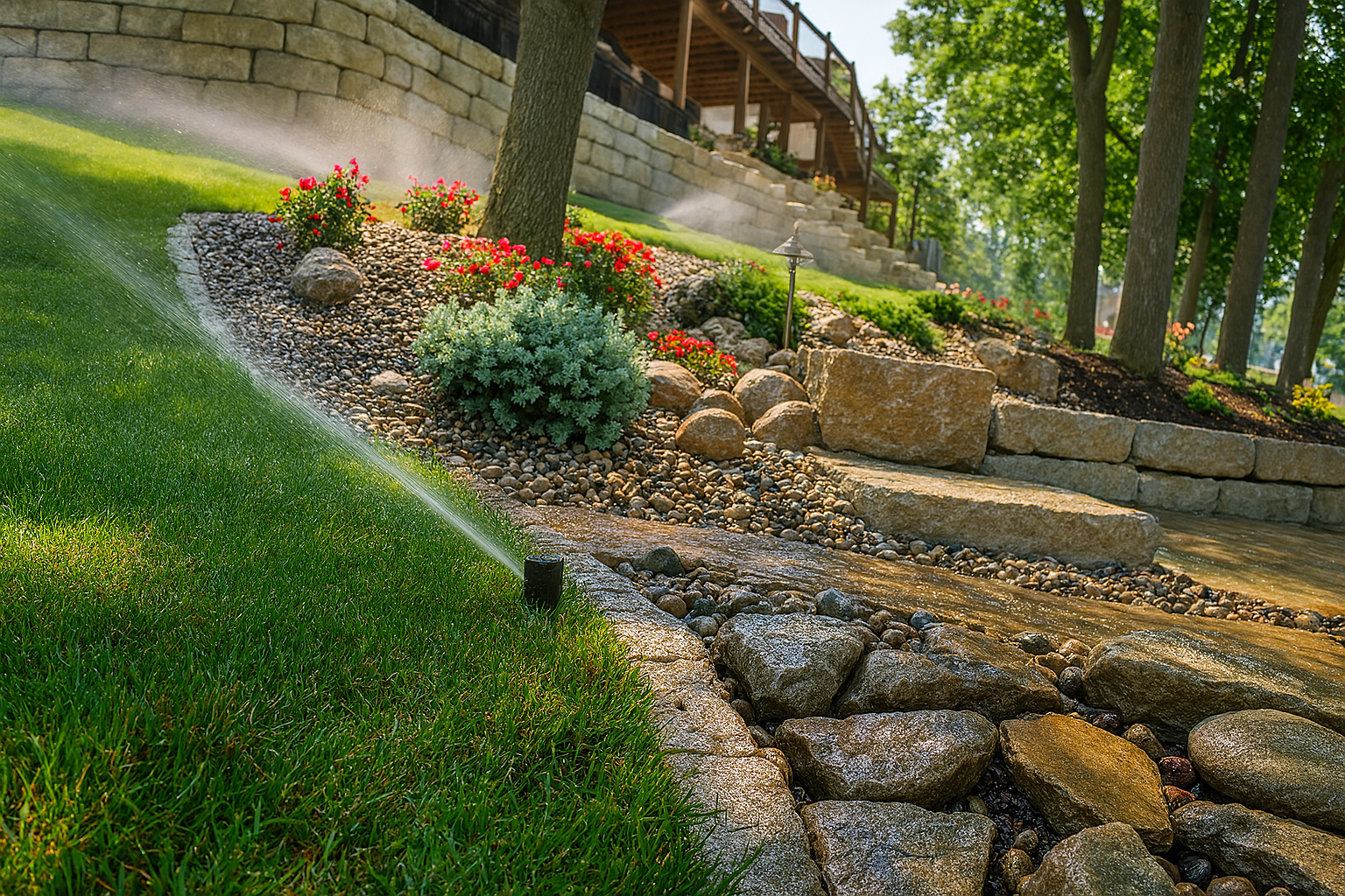 A sprinkler is spraying water on a lush green lawn.