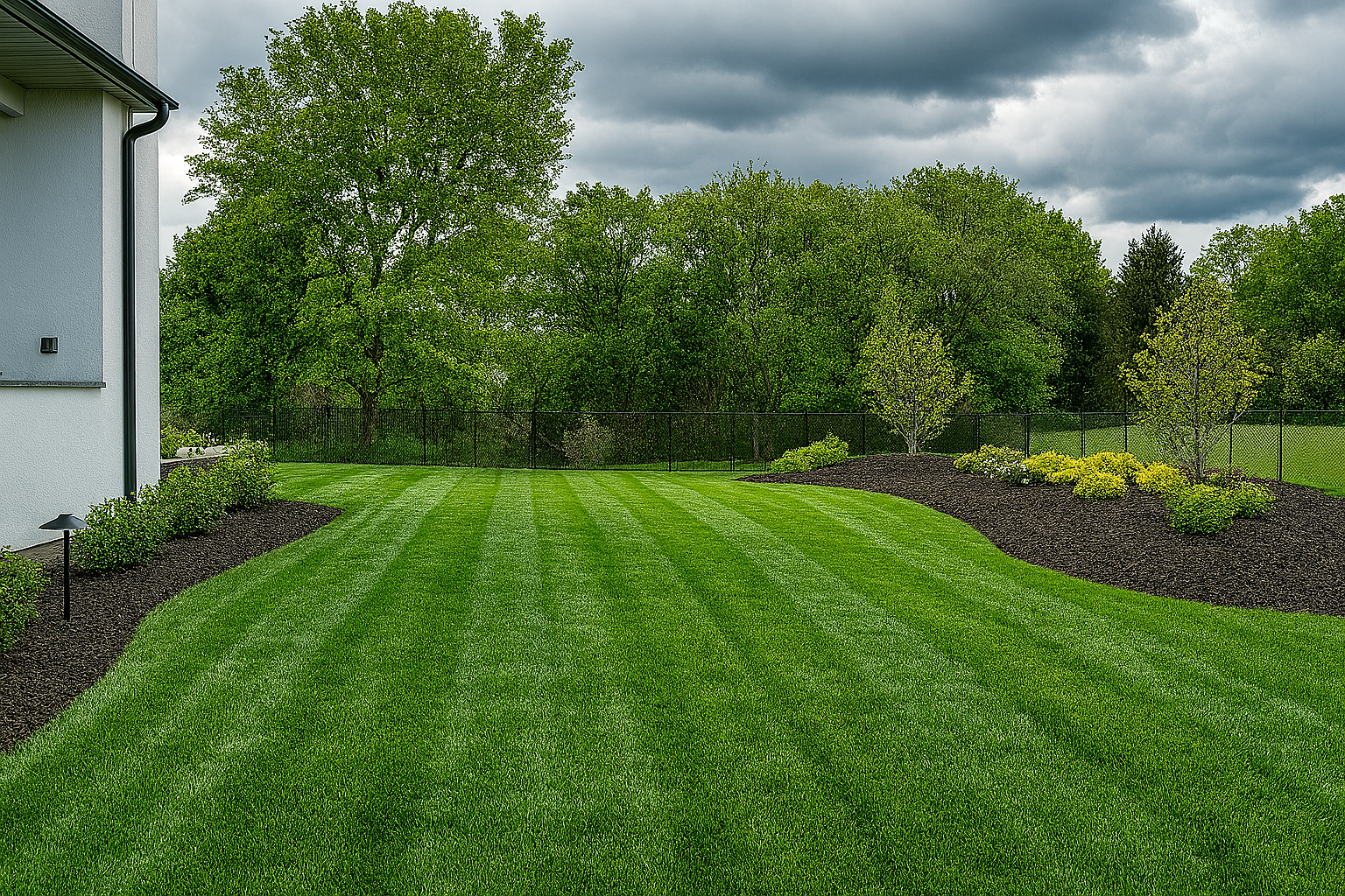 A lush green lawn in front of a house with trees in the background.