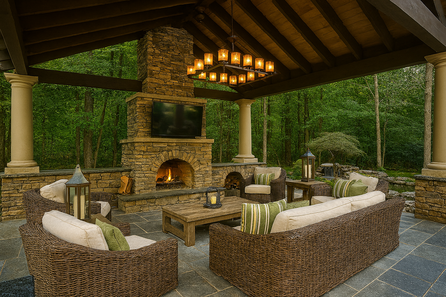 A patio with wicker furniture and a fireplace