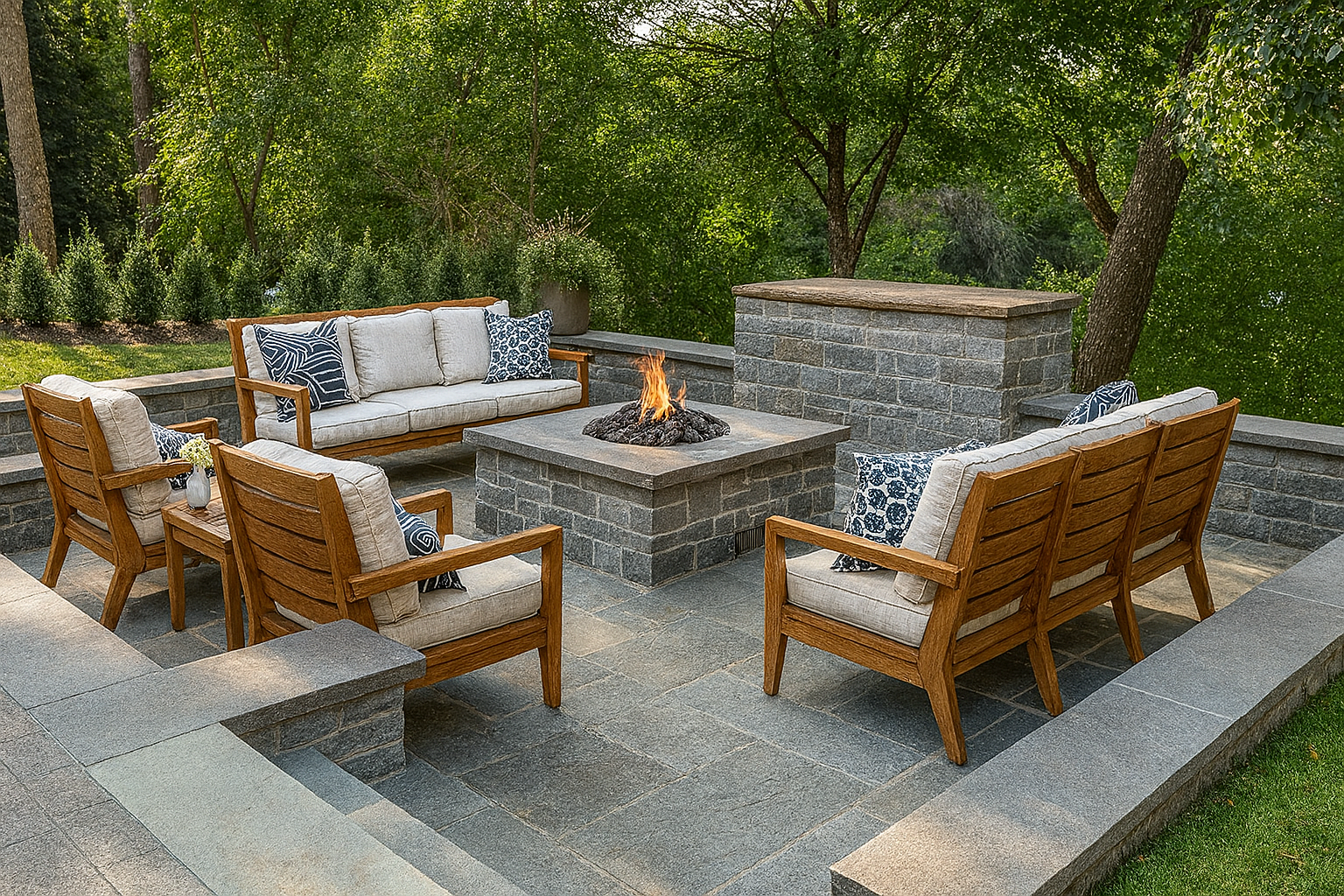 There is a fire pit in the middle of the patio surrounded by furniture.