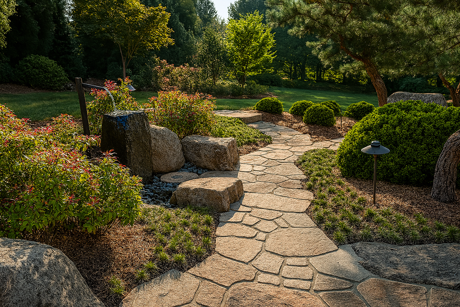A stone path in a garden surrounded by trees and bushes.