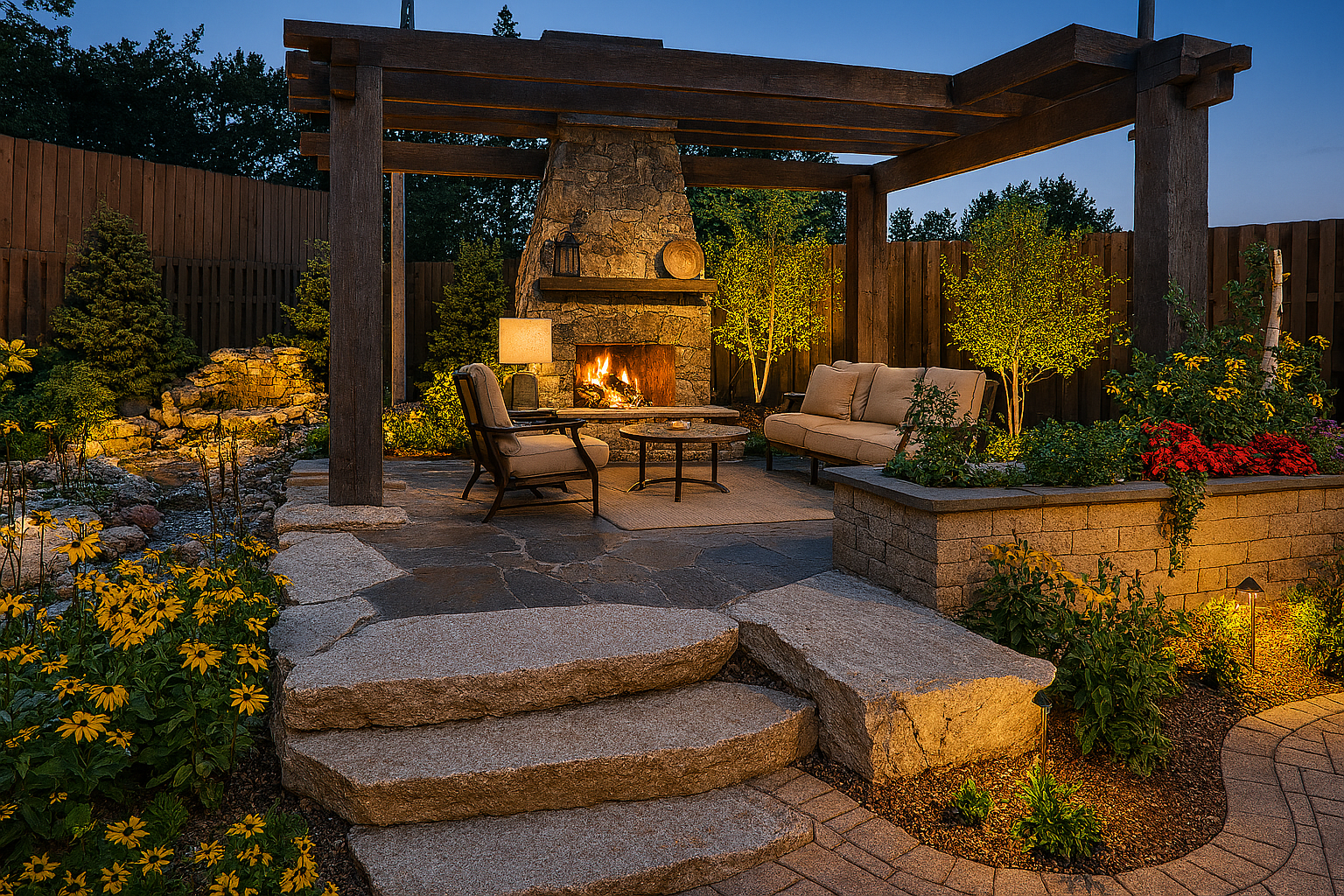 A patio with a fireplace and a pergola at night.