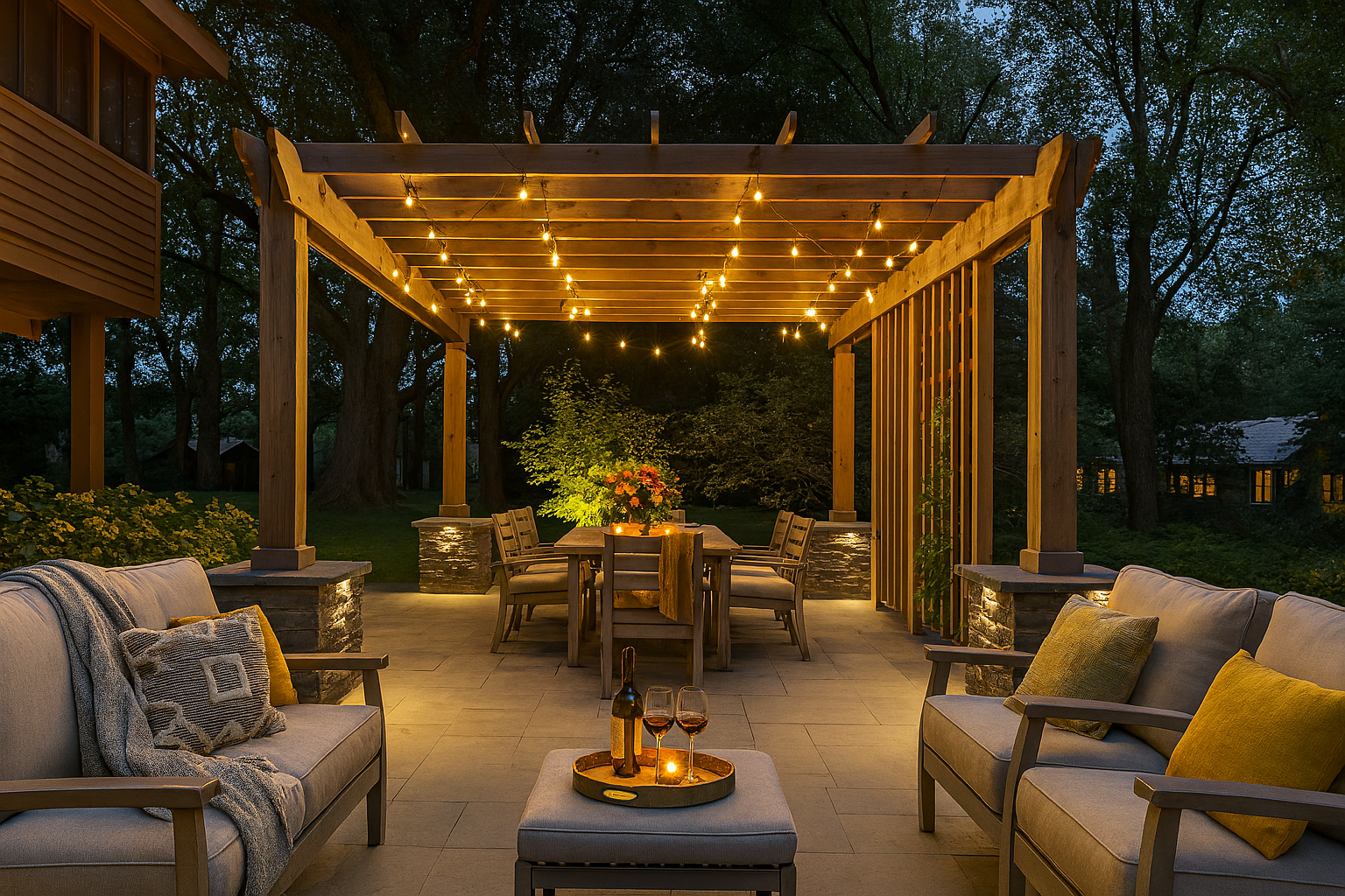 A pergola with a dining table and chairs underneath it is lit up at night.