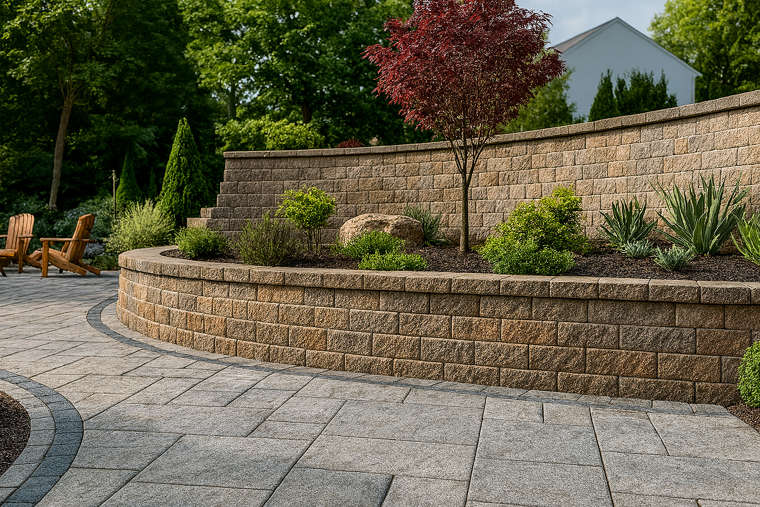 A stone wall surrounds a patio with chairs and a tree.