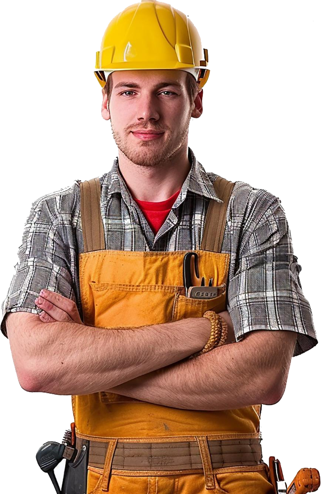 Construction worker with arms crossed, wearing a yellow hard hat and orange overalls.