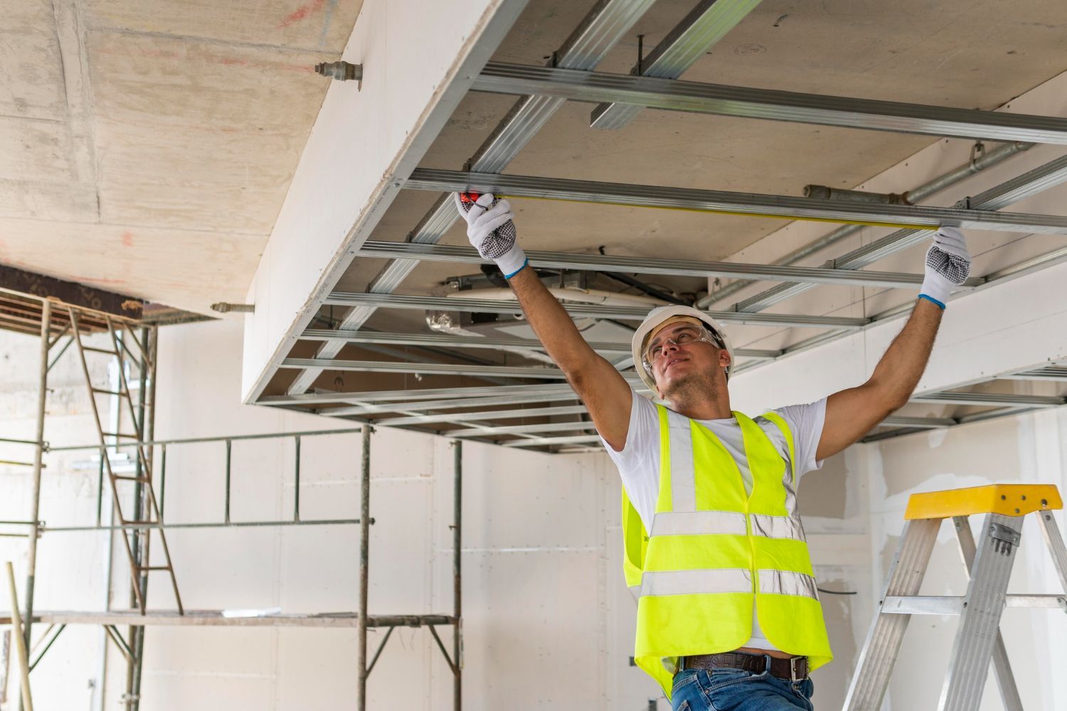 Construction worker installs ceiling framework, wearing a safety vest and gloves.