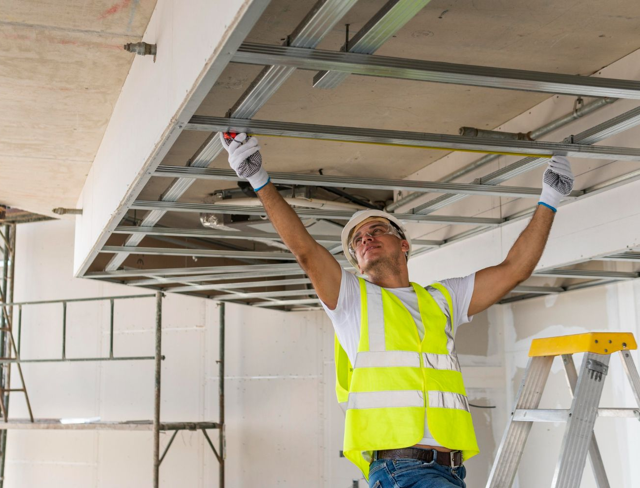 Construction worker in safety vest measuring ceiling frame, arms raised.