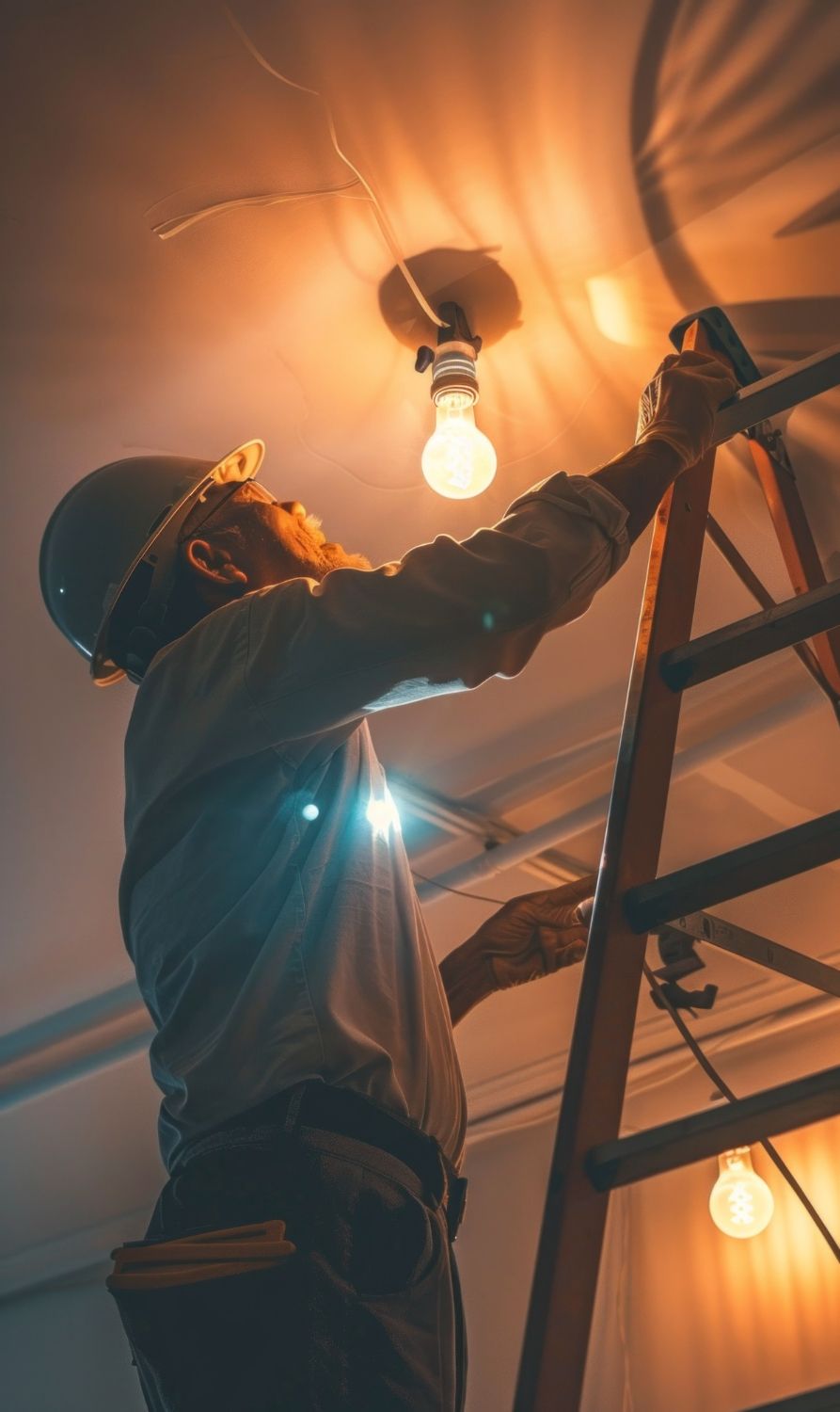 Electrician on a ladder changing a lightbulb indoors.