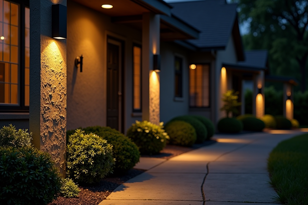 Exterior of a house at dusk, illuminated by warm lights on pillars and along a pathway lined with bushes.