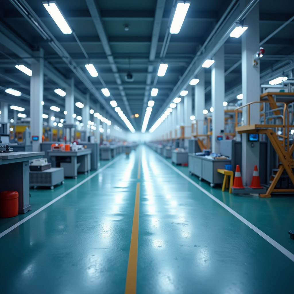 Factory interior with long corridor, machinery, and bright overhead lights.