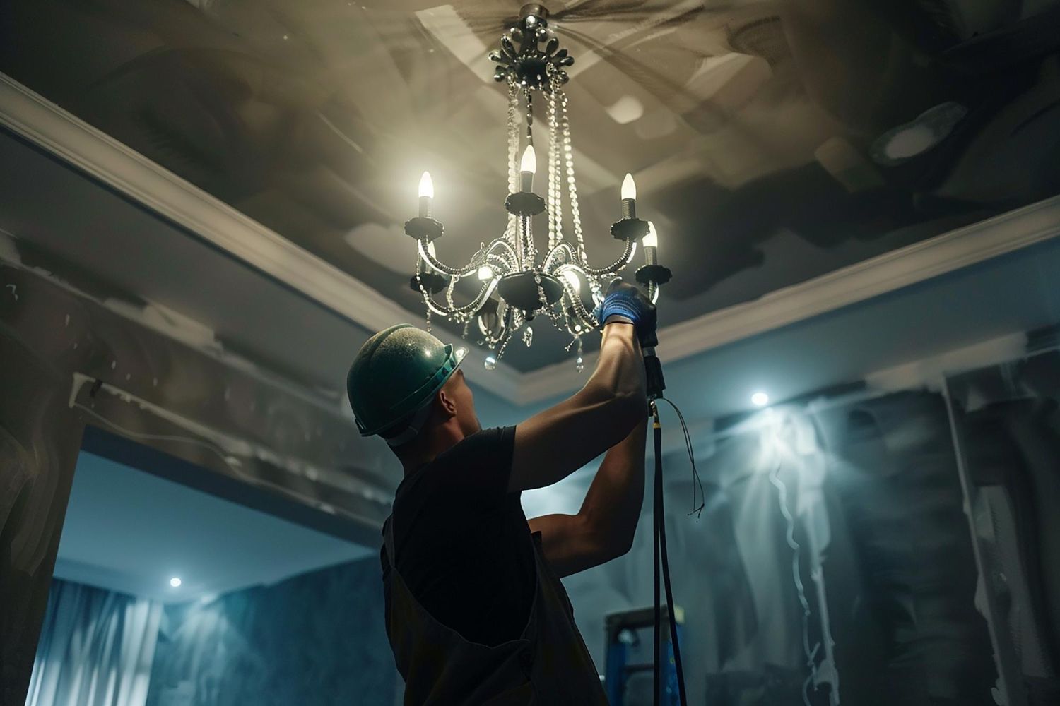 Man in hard hat installing a chandelier in a room under renovation.
