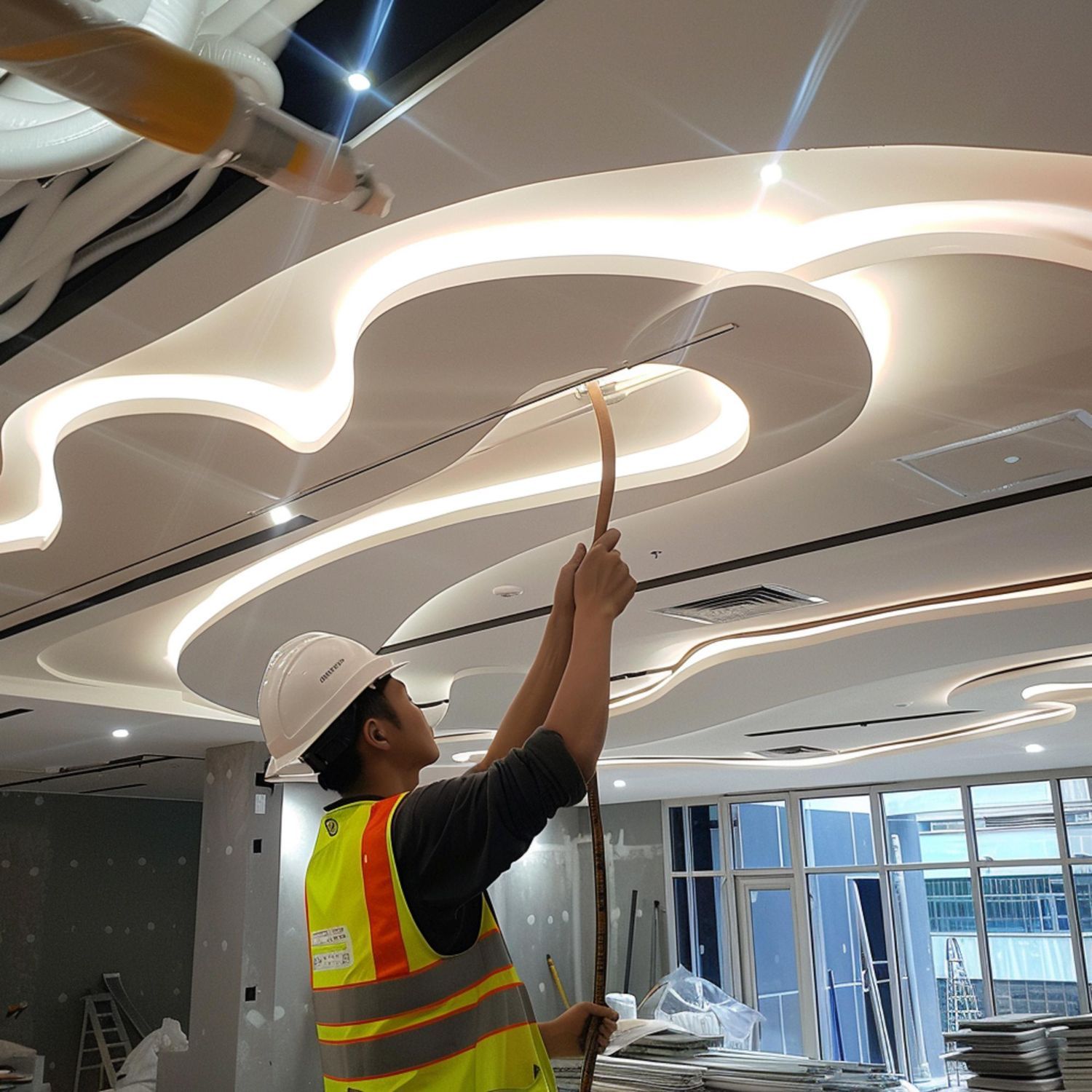 Construction worker on a ladder, installing a curved ceiling with embedded lighting.