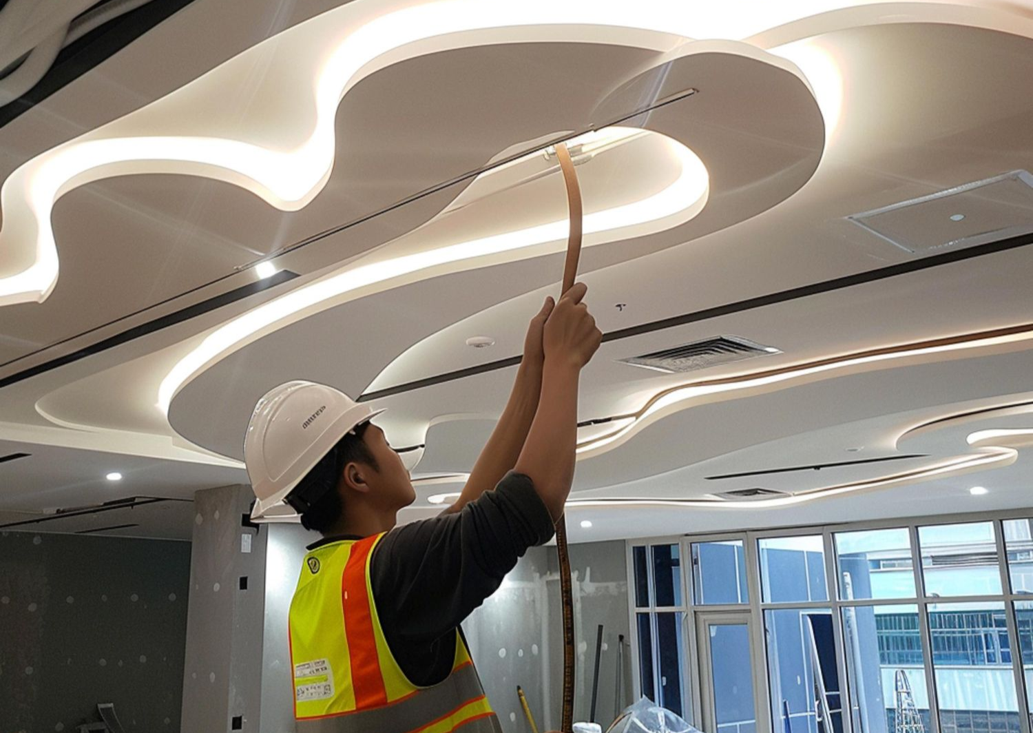 Construction worker installing something on a decorative ceiling with curving patterns and embedded lighting.