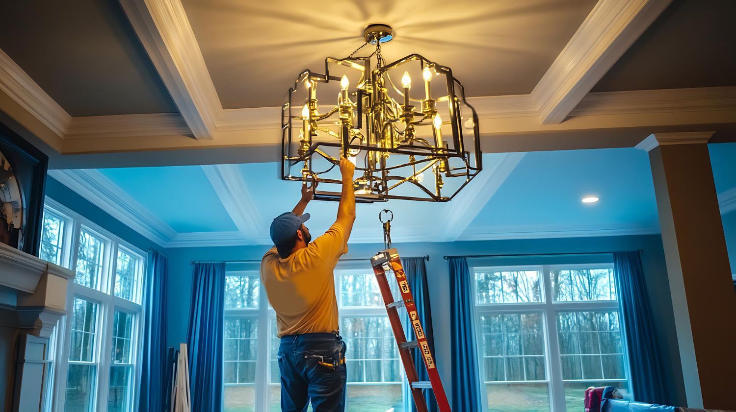 Man installing a chandelier, standing on a ladder in a room with windows and blue curtains.