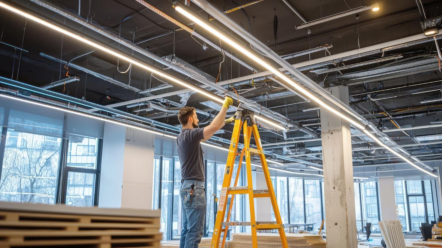 Man on a ladder installing linear lights in an office with large windows.