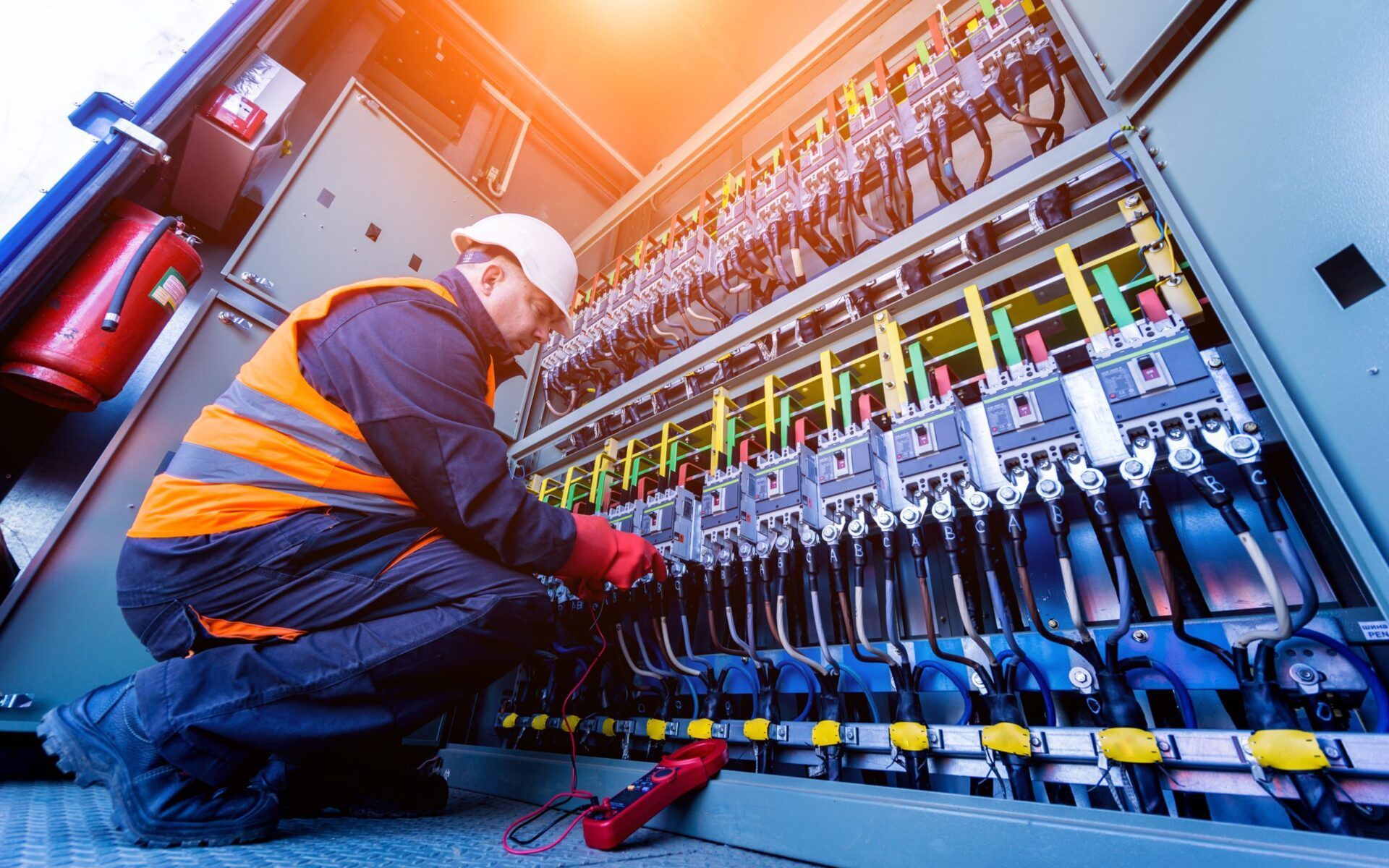 Electrician in safety gear working on electrical panel.