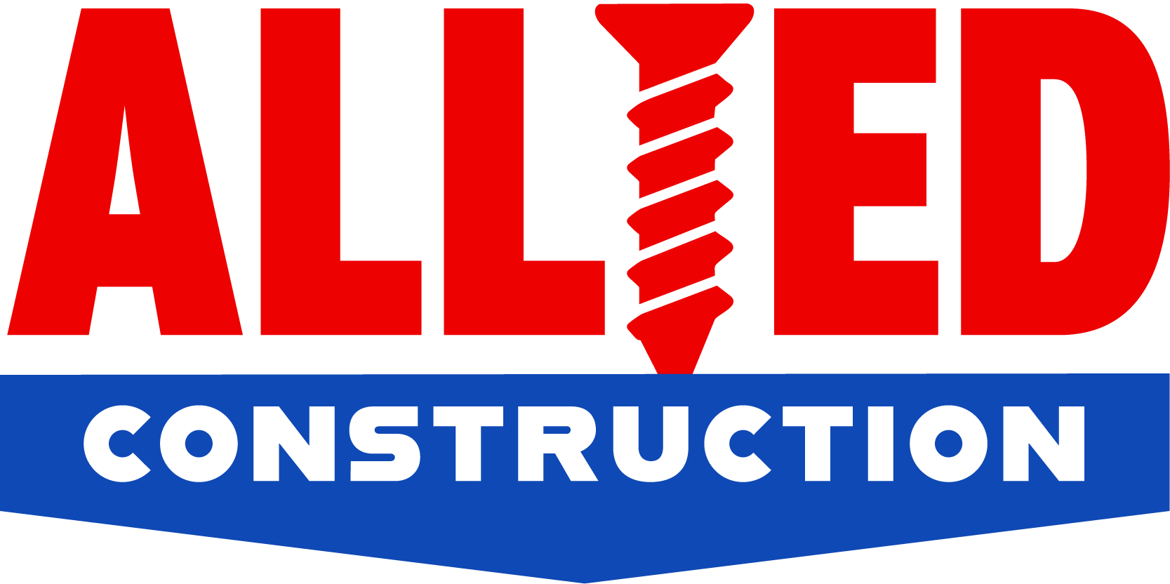 Logo for Allied Construction with red text over a blue banner. A screw replaces the 'I'.