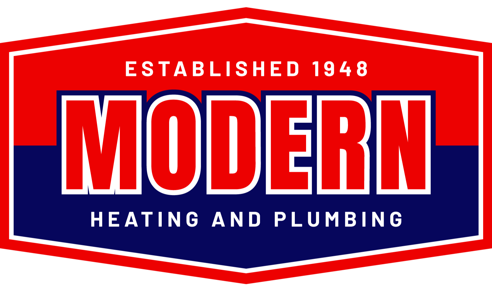 Logo for Modern Heating and Plumbing: red, white, and blue emblem; text "MODERN," "HEATING AND PLUMBING," established 1948.
