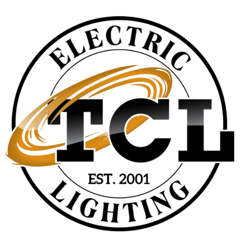 Logo for TCL Electrical and Lighting with black letters and an orange swirl.