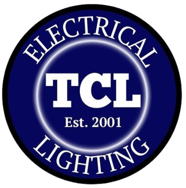 Logo for TCL Electrical and Lighting with black letters and an orange swirl.
