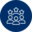 Three people with stars above, in a blue circle.