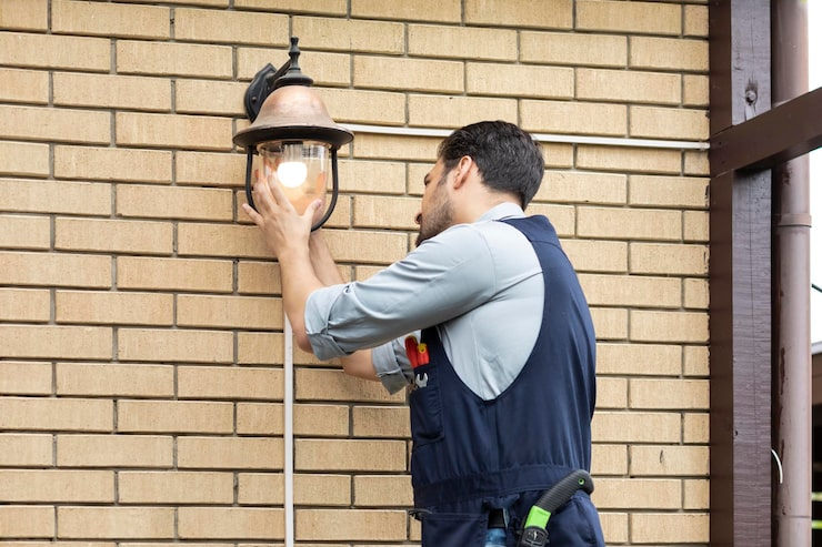 Electrician in blue overalls replacing a lightbulb on a brick wall.