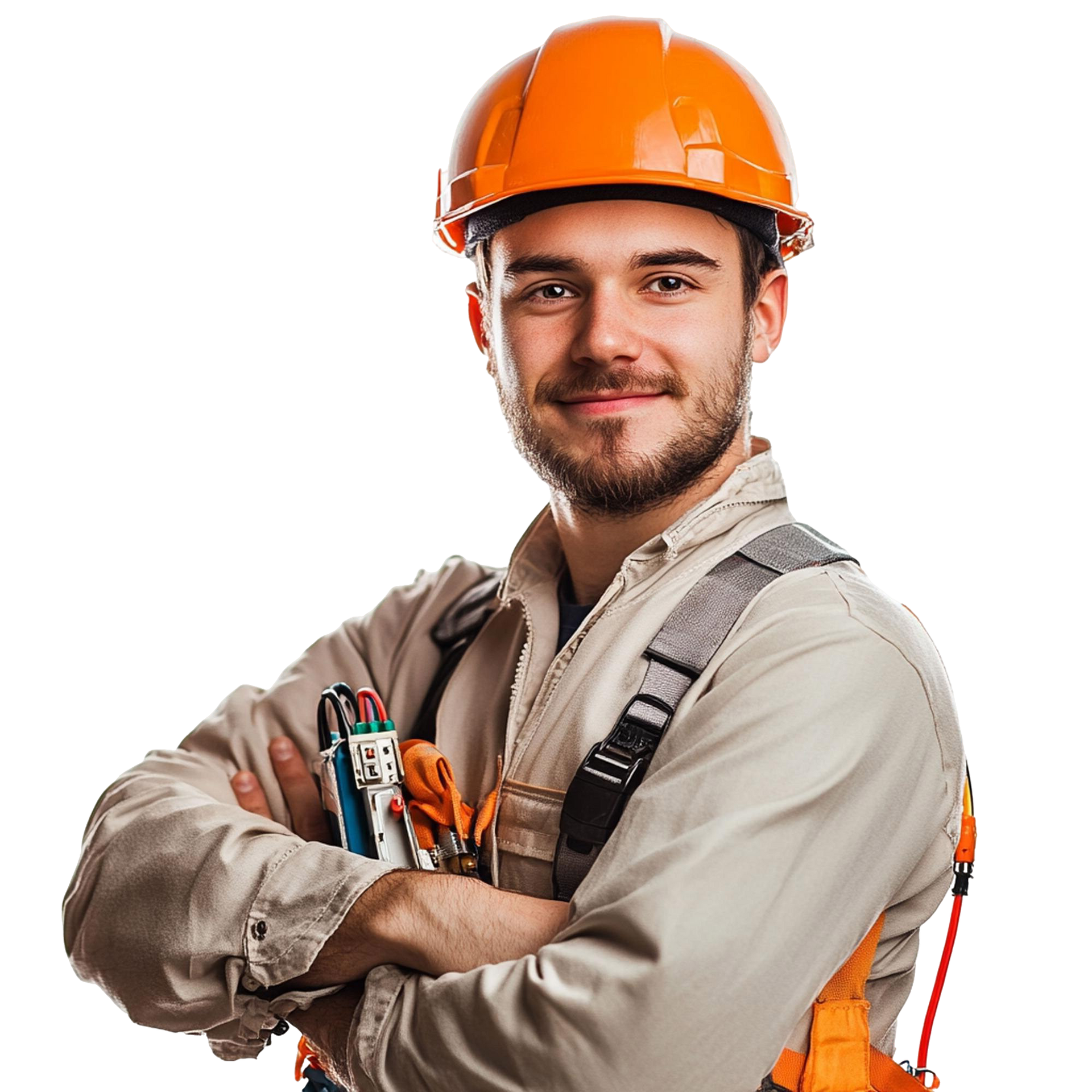 Construction worker in orange hard hat and safety harness, arms crossed, smiling.