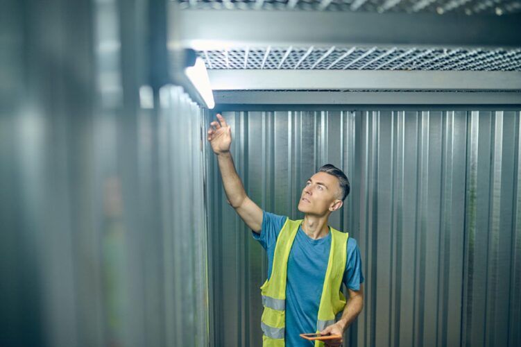 Man in safety vest inspecting overhead light in metal-walled storage unit.