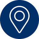White location pin icon on a blue circle.