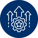 Gear with star and three upward arrows on a blue circle.