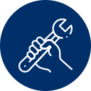 Hand holding a wrench, white outline on a dark blue circle.