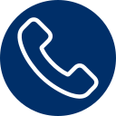 White phone icon in a blue circle.