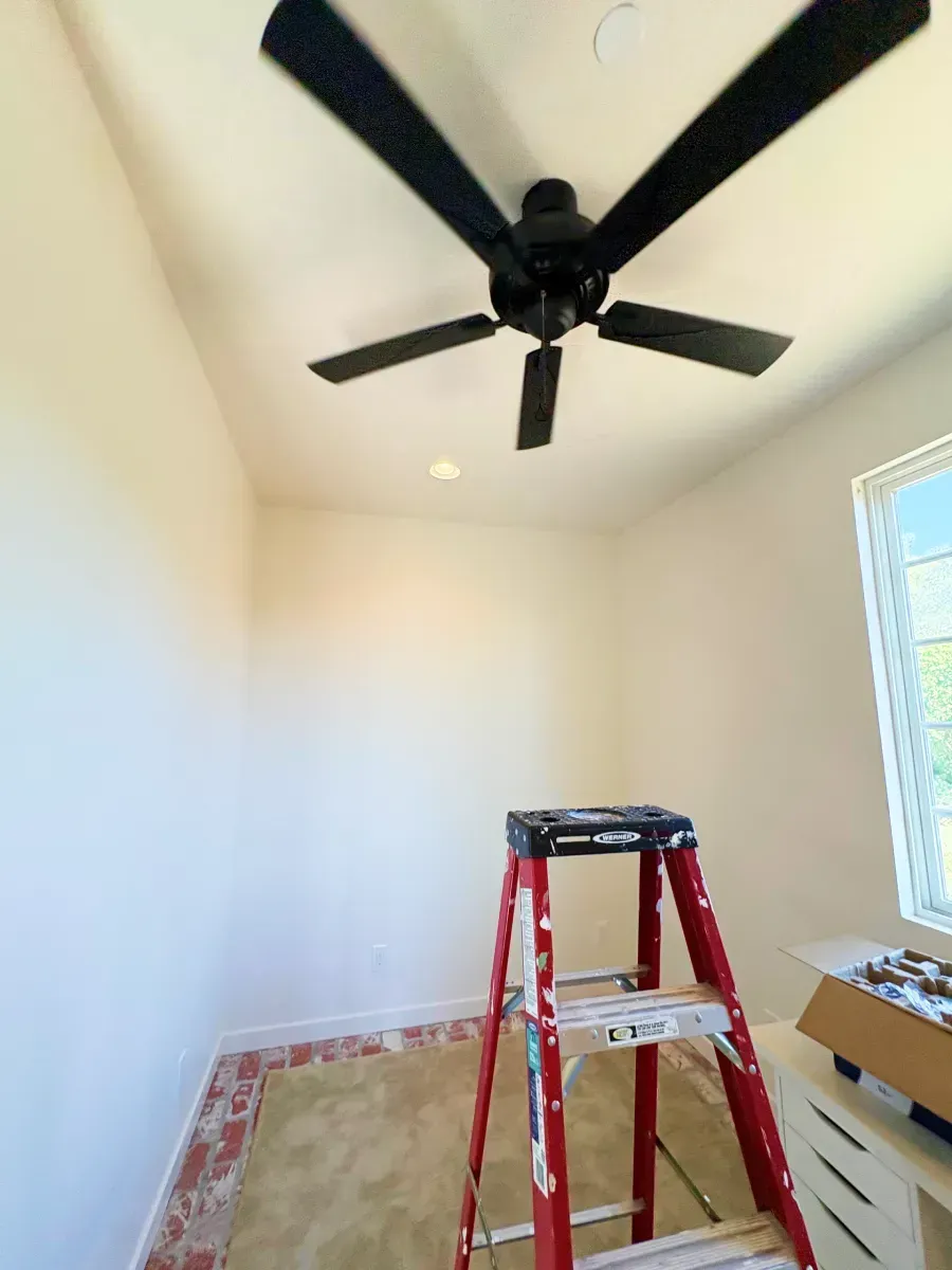 A room with a black ceiling fan, a red ladder, and a rug.