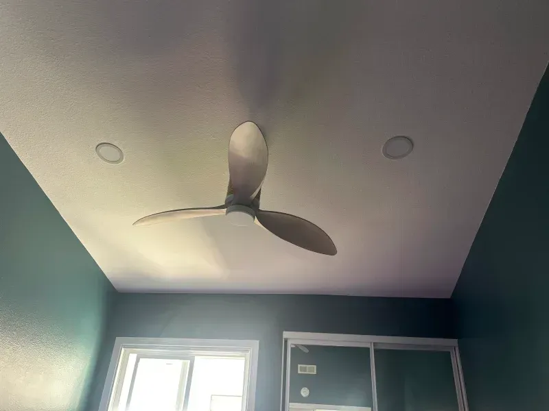 Ceiling fan with three blades on a white ceiling, set in a room with green walls and windows.