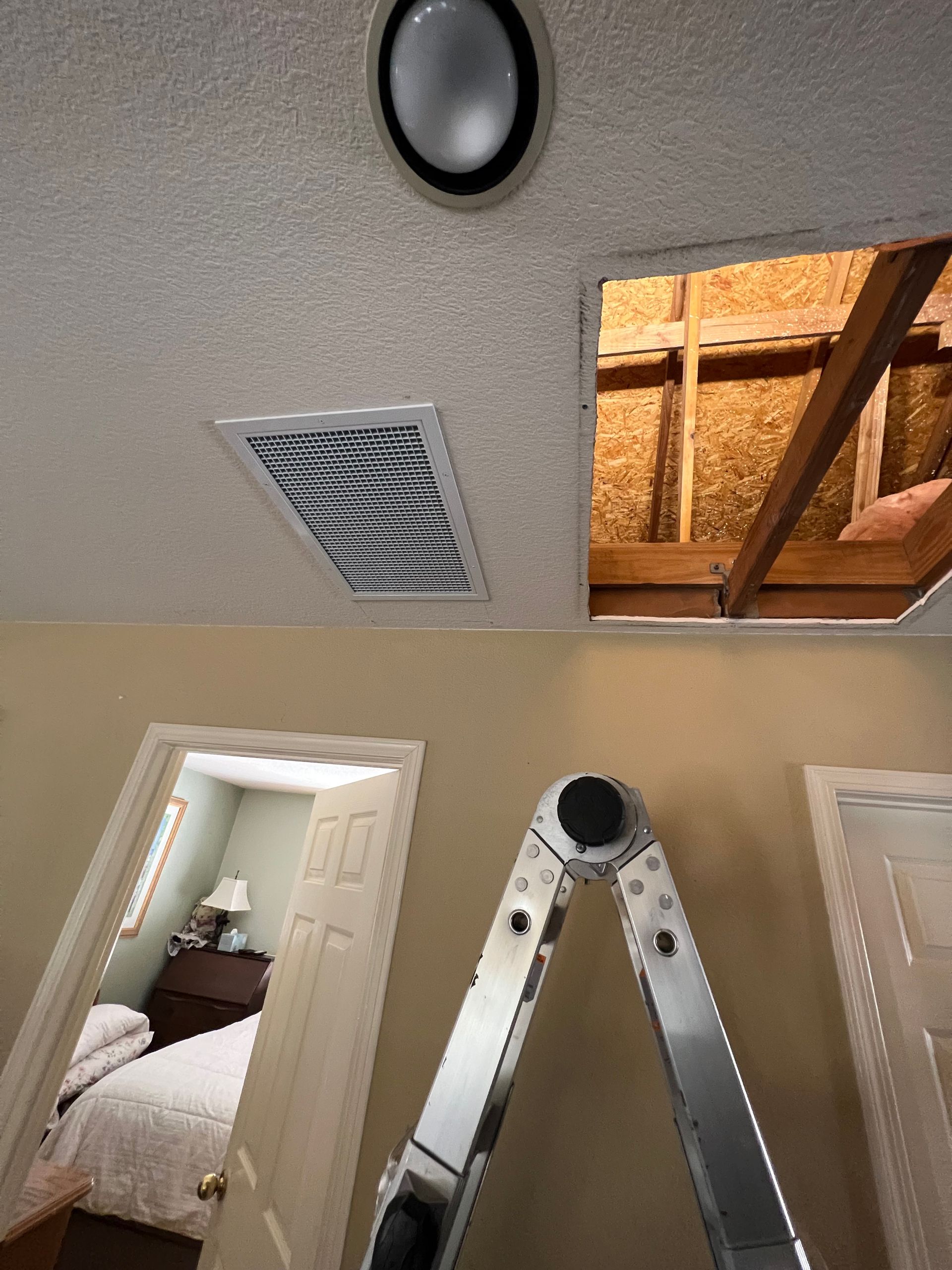 Ceiling with vent and opening to attic, open door, ladder, and bedroom visible.