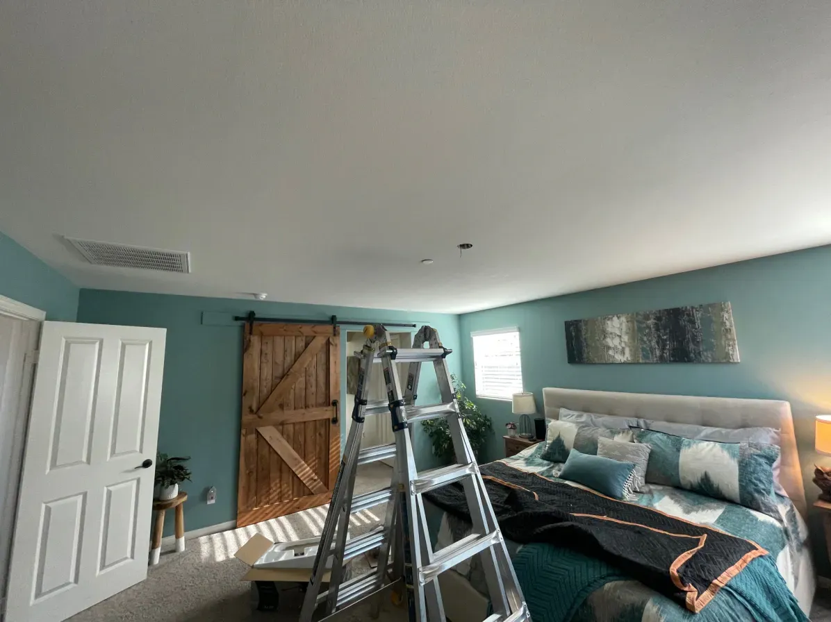 Bedroom with teal walls, a barn door, bed, and ladder beneath a ceiling light.