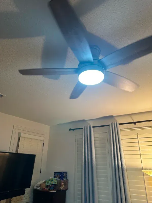 Ceiling fan with light fixture illuminates a bedroom.