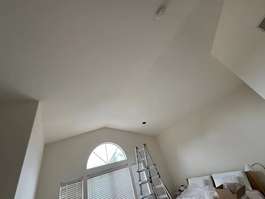 High ceiling interior, ladder near arched window and bed; walls are white.