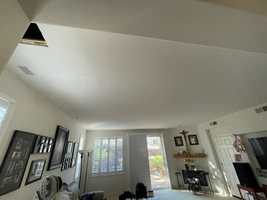 Living room with white walls, framed art, and a fireplace near a glass door.