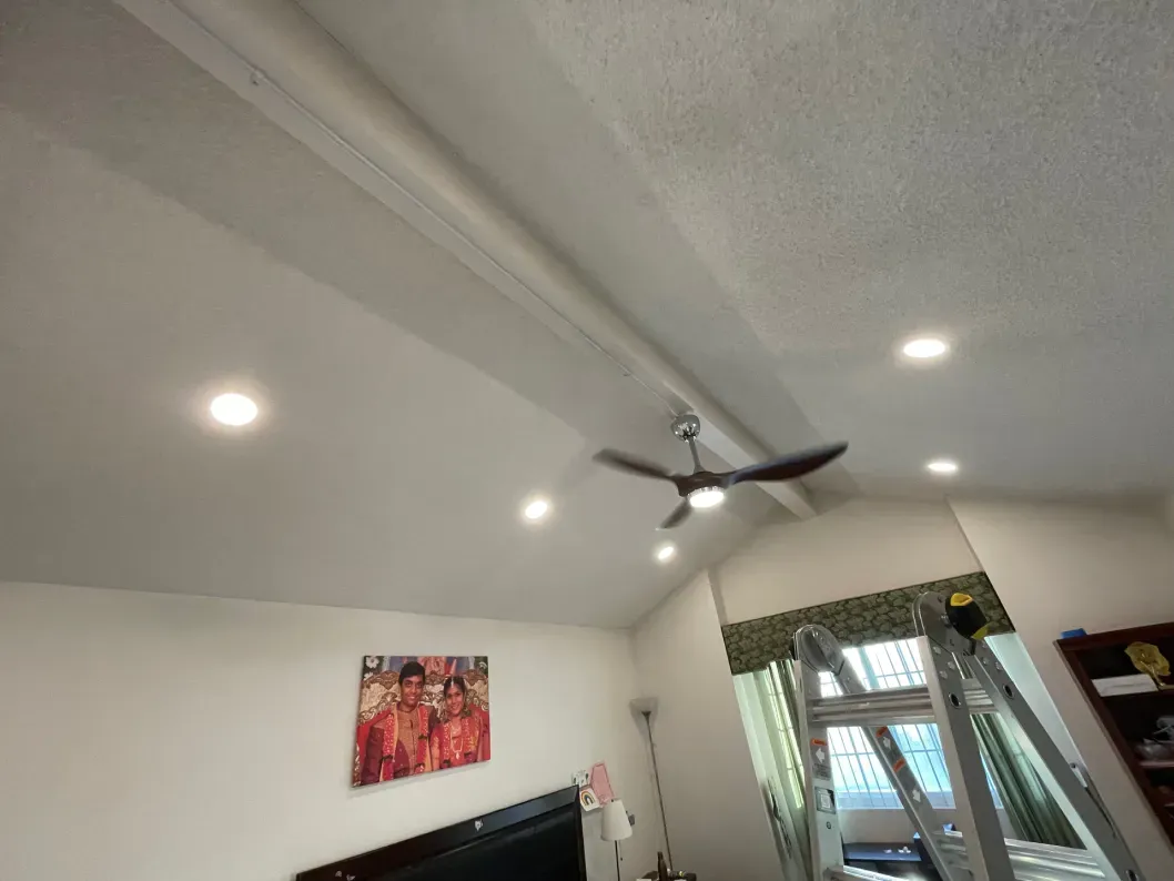 Ceiling with a fan, recessed lights, and a window. A painting hangs on the white wall.